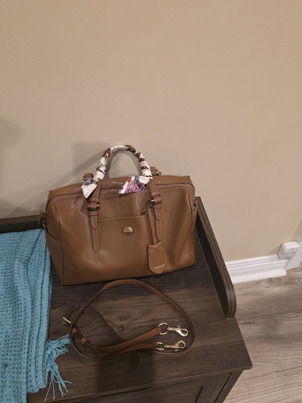 Classic Brown Leather Satchel with Scarf-Wrapped Handles